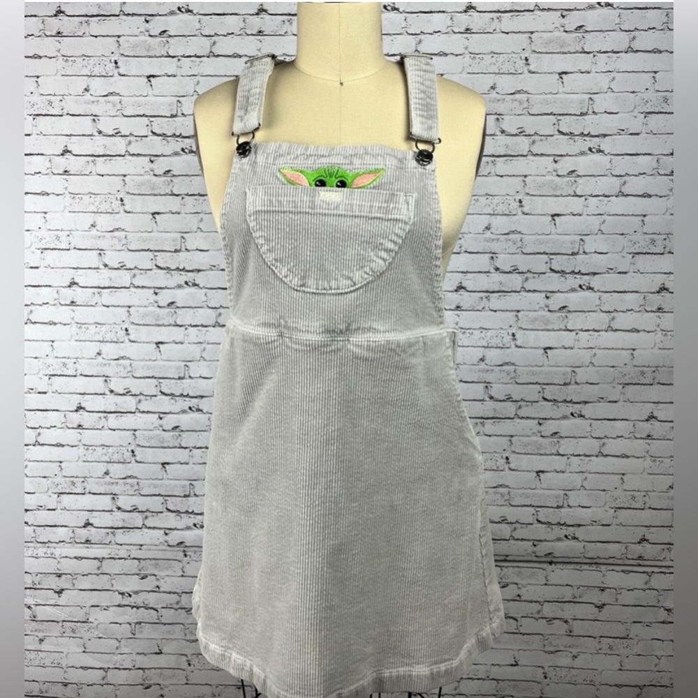 Gray Corduroy Overall Dress with Baby Yoda Design